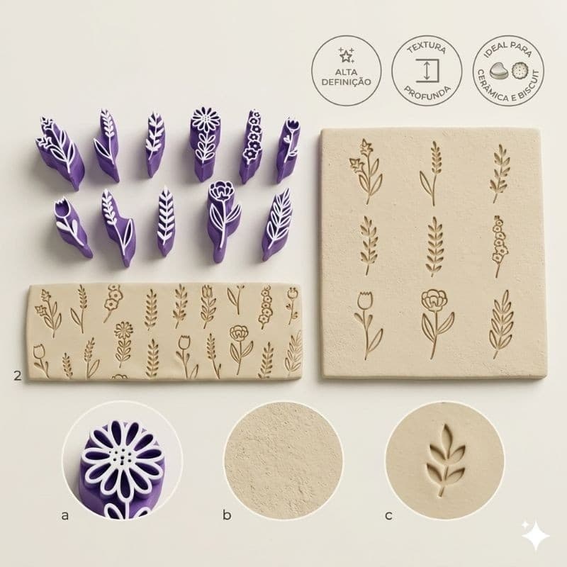 Kit Carimbo Lavandas para Cerâmica Argila Biscuit Artesanato Cerâmica Fria Floral Alfazemas