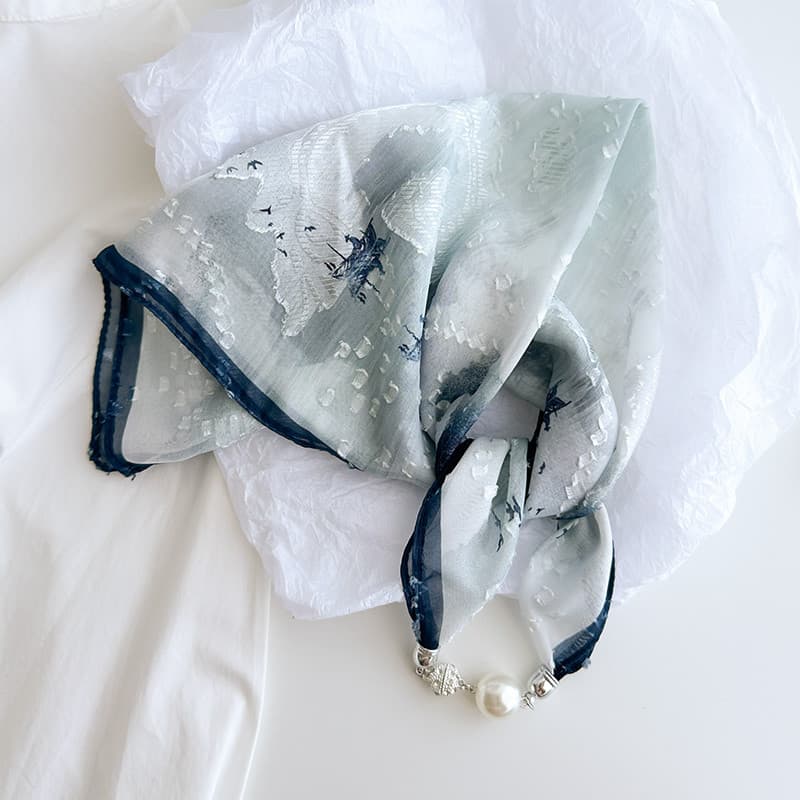 Retro estilo chinês pérola fivela magnética pequeno lenço quadrado lenço de seda feminino pescoço proteção decoração cac