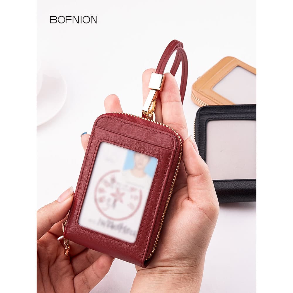 Porta-cartões de autorização de trabalho em pele de carneiro, couro genuíno, porta-cartões, chave, bolsa de moedas, cord