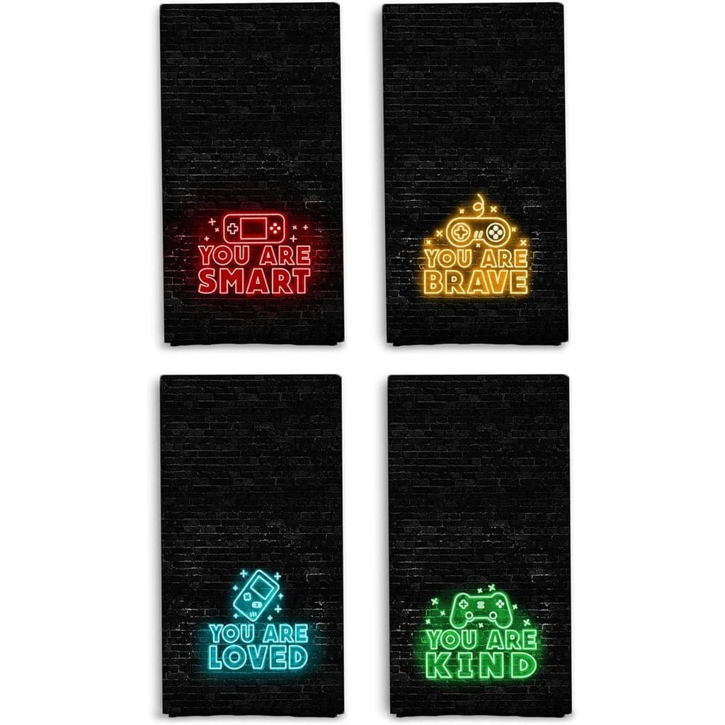 Conjunto de 4 Toalhas de Mão para Jogos, Toalhas Decorativas com Símbolos de Jogos Neon, Decoração de Banheiro para Adol