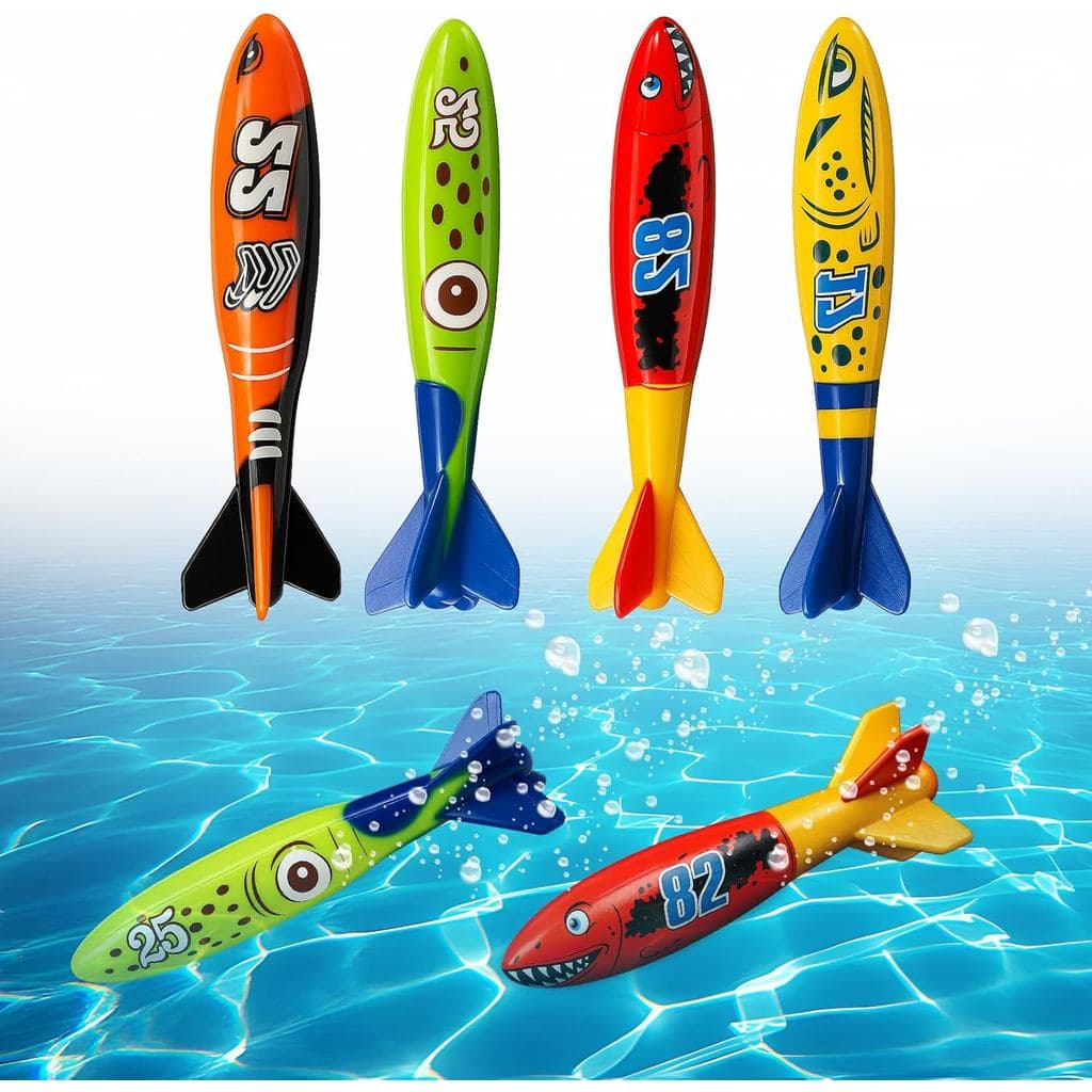 4 Peças de Brinquedos de Mergulho Torpedo Shark para Crianças, Brinquedos Aquáticos Coloridos para Natação ao Ar Livre,