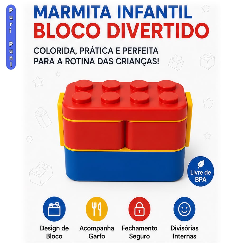 Marmita Forma de Bloco – Com Divisórias, Tampa e Talheres Inclusos