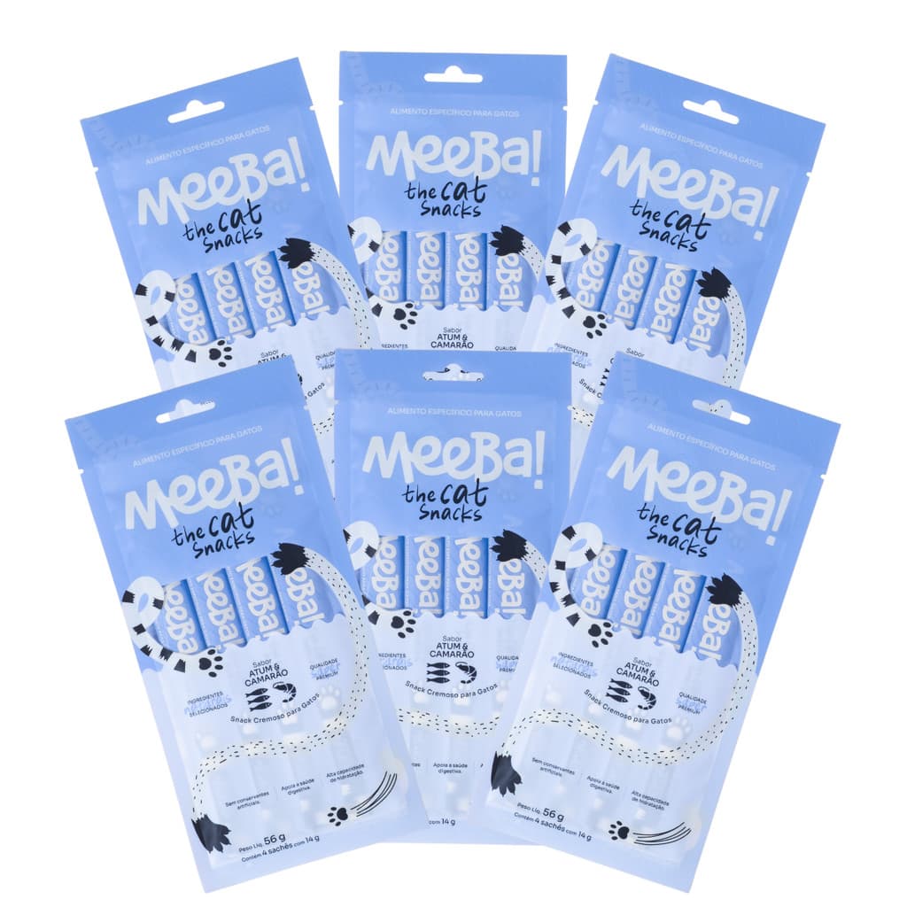 Kit 6 Petisco Úmido Para Gatos Natural Hidratação Atum E Camarão 24 Sachê 14g Meeba