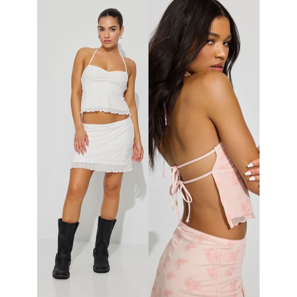 North-American Hot Girl Style gar * XXS-XL Halterneck Top Grande Halter Lace-Up Bordado Renda Sling Saia Terno