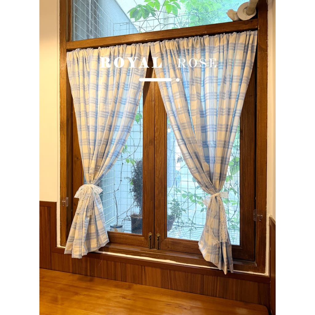 País francês leite azul xadrez bloqueio simples cortina quarto ins estilo coreano divisória cortina de porta fresca