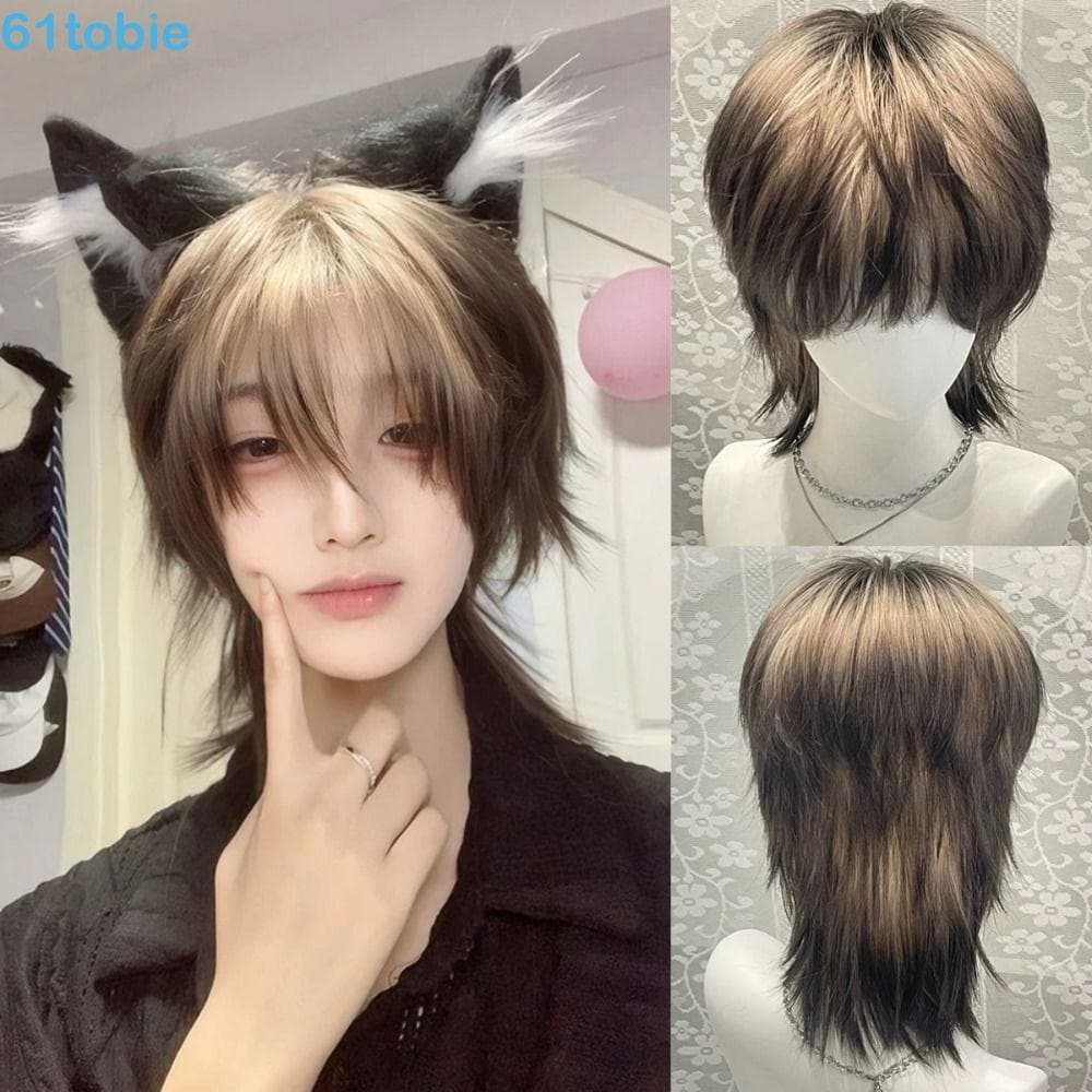 TOBIE Perucas De Cabeça De Tainha Com Cauda De Lobo , Peruca Realista De Anime Em Ouro Preto , Cabelo Gradiente Curto E