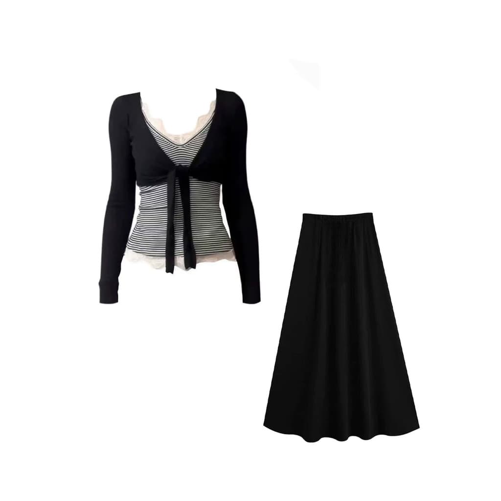 Estilo coreano doce picante renda costura listrado estilingue de manga comprida Cardigan topo feminino primavera A linha