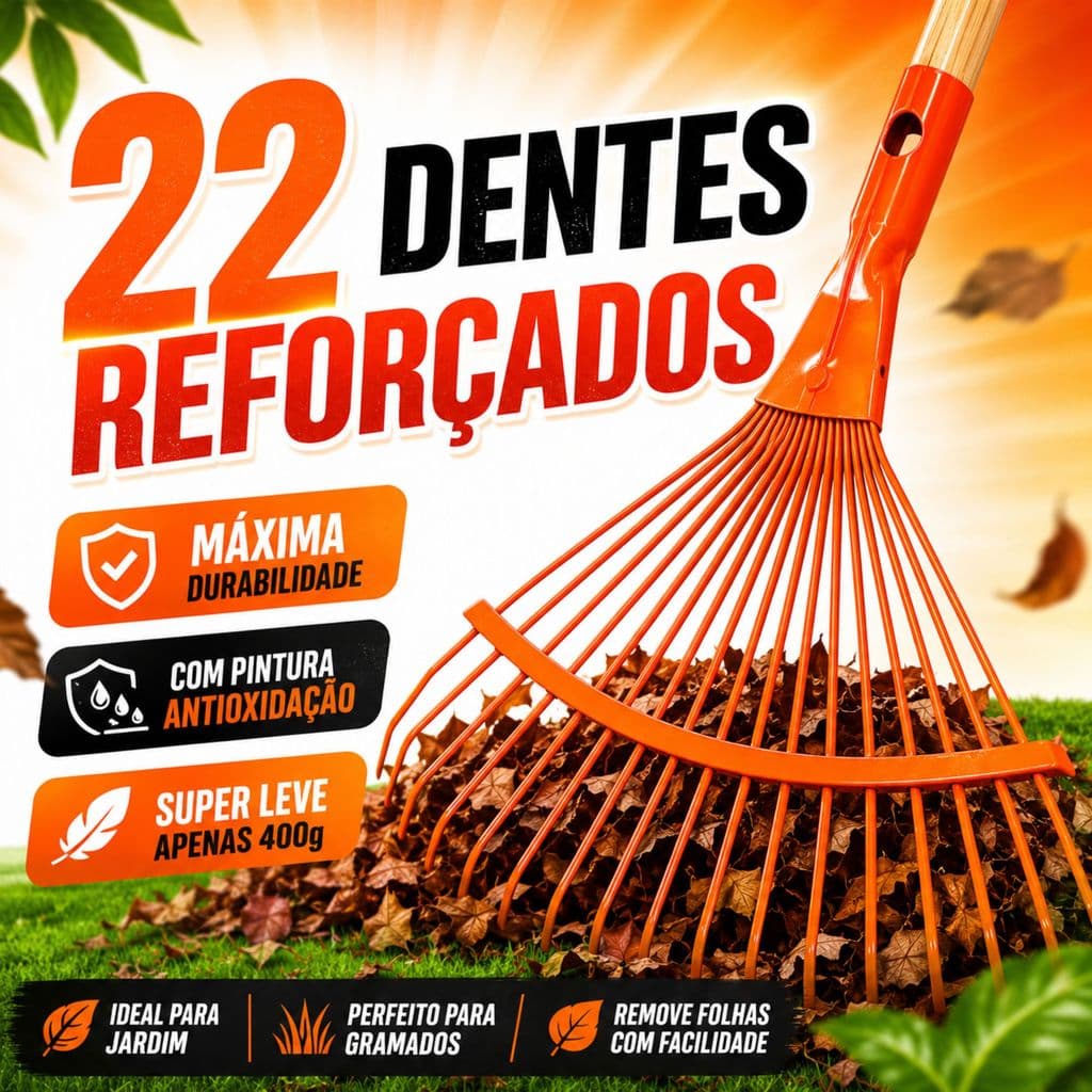 Rastelo Vassoura Jardinagem 22 Dentes Ferro Reforçado Limpeza Jardim Quintal Grama