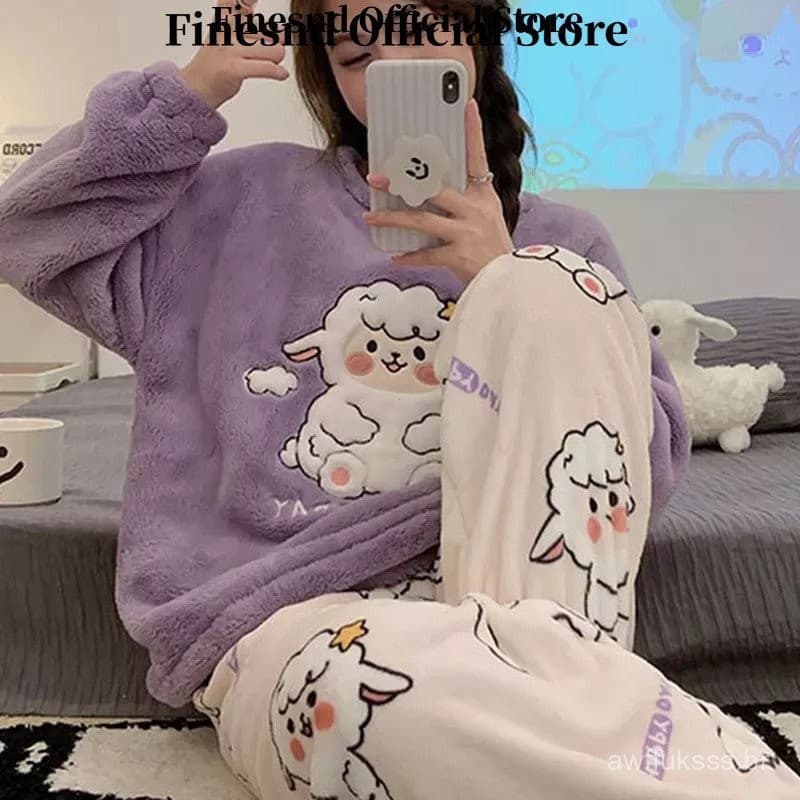 Pijama de Flanela de Inverno CHC para Mulheres, Conjunto de 2 Peças FCL, Manga Longa, Quente, em Fleece Coral para Mulhe