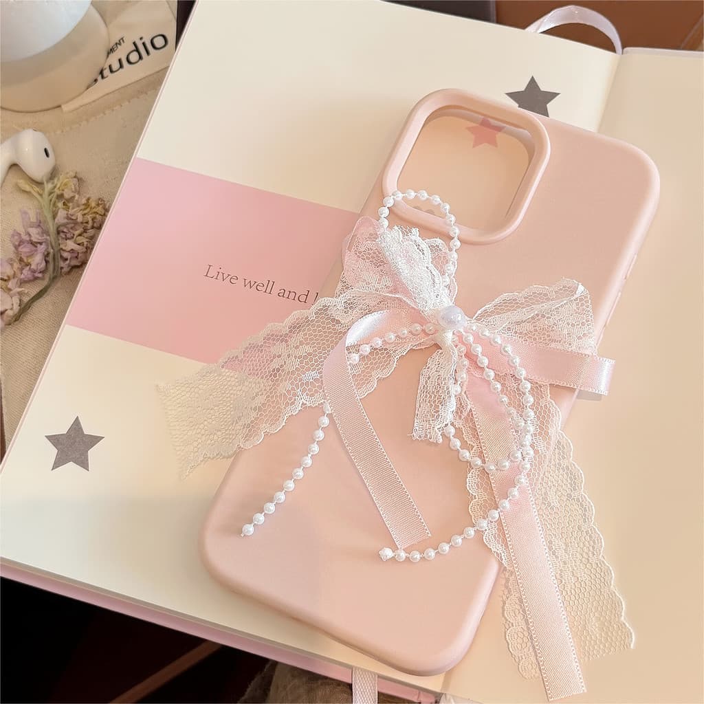 Ins rosa renda pérola nó iphone16 adequado para 17 Apple caso de telefone 14pro max Silicone 13 estéreo 15