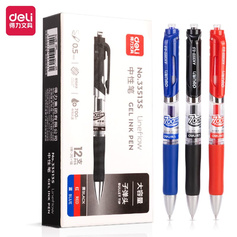 [Cor mista 12 unidades] Deli 33513S Caneta de Gel de grande capacidade 0.5 mm bala cesta preta caneta tinteiro vermelha