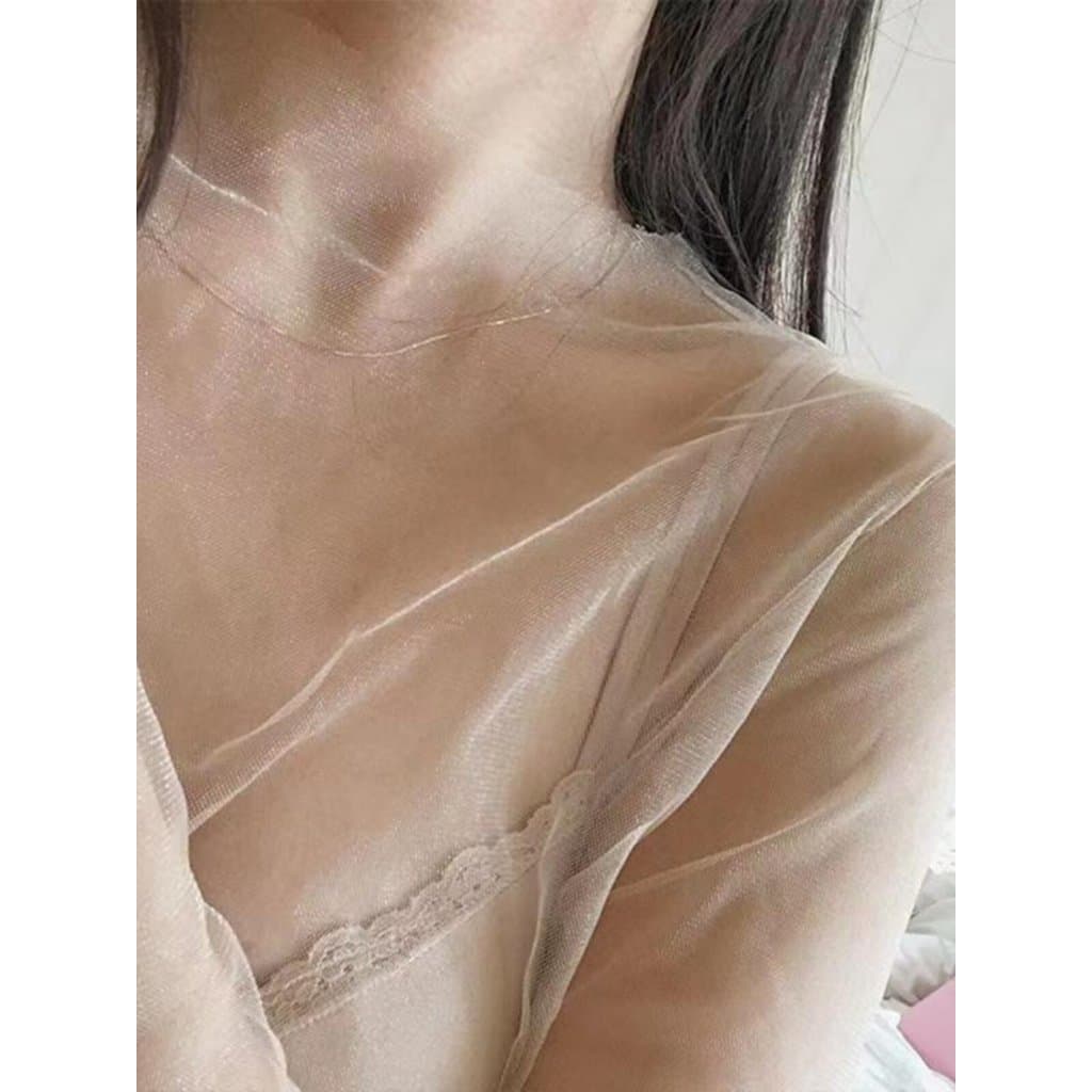 Top bottoming gaze gaze roupas tule Net transparente interior Wear influenciador de manga comprida vermelho oco camisa f