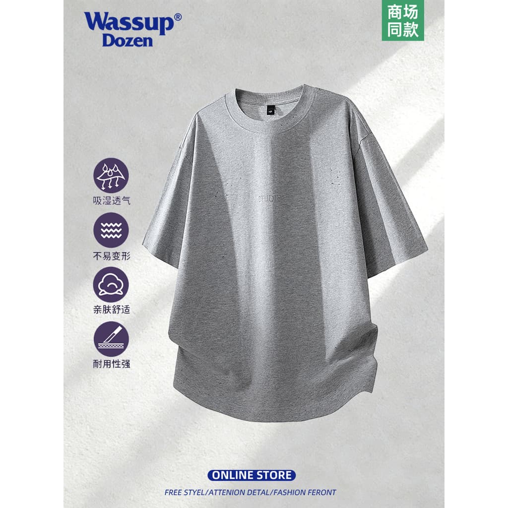 WASSUP DOZEN Novo estilo rasgado estilo Casual em torno do pescoço puro algodão de manga curta camiseta masculina solta
