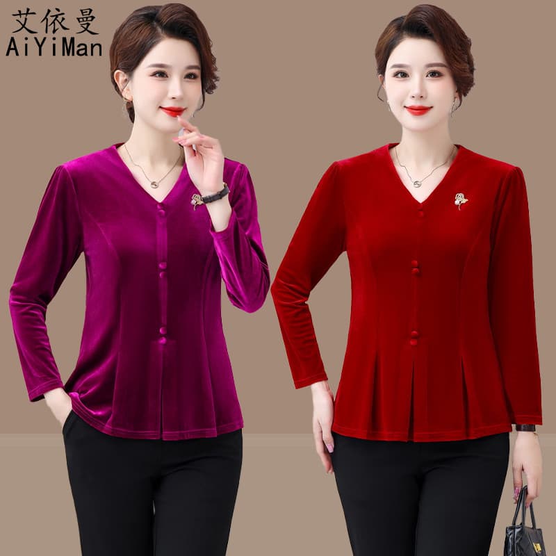 Estilo ocidental mãe usar outono novo estilo veludo dourado manga comprida camiseta moda All-Match Casual capa gordura m