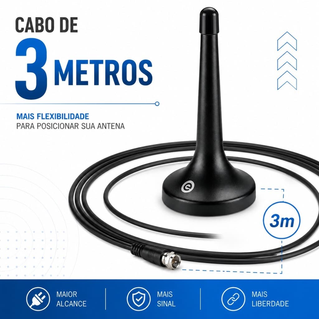 Antena Digital TV Interna Externa 4k HDTV UHF VHF Base Magnética Exbom Cabo 3m Sinal HD