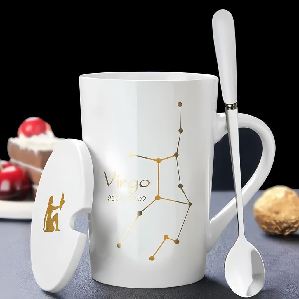 Caneca de cerâmica exclusiva criativa, doze constelações com tampa, colher, casal, copo de água, presente, xícara de caf