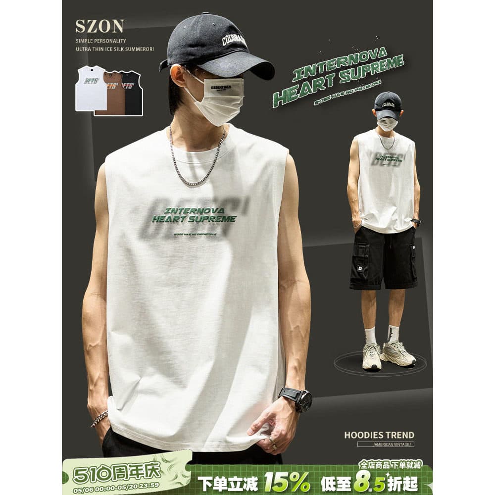 Colete americano masculino ins esportes puro algodão Casual colete solto All-Match topo verão na moda pesado sem mangas