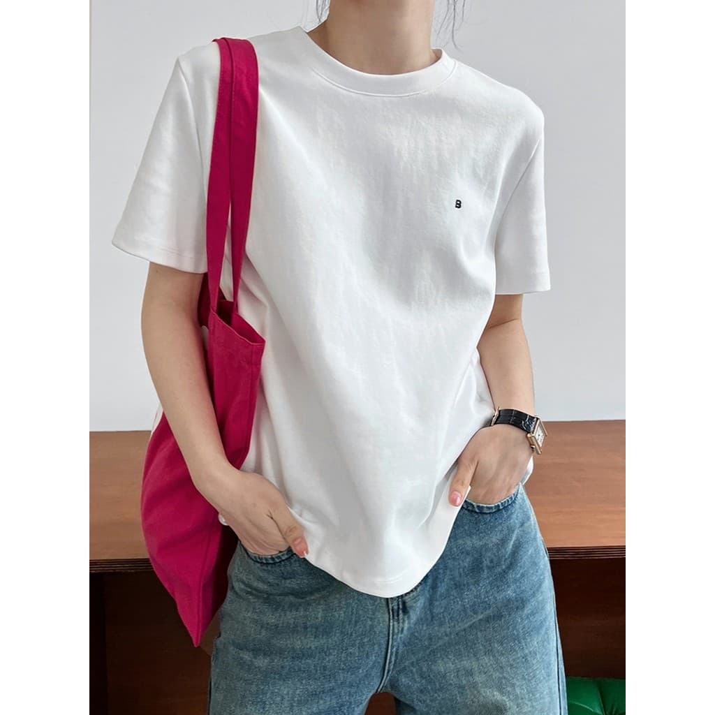 Branco frente ombro carta bordado interior camiseta feminina europeu americano Street Wear High-End pesado de manga curt