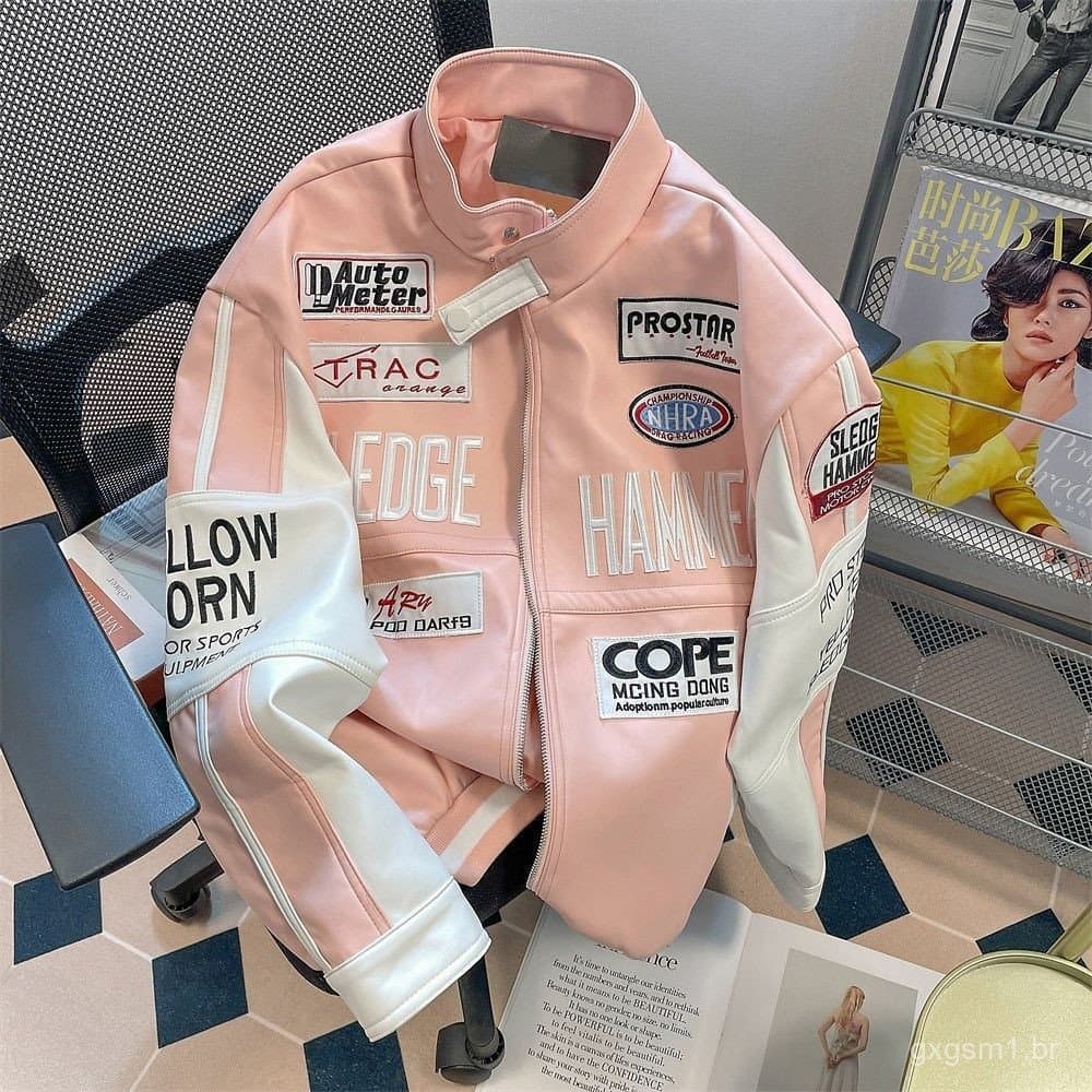 Jaqueta Feminina de Couro PU Rosa da Begonia Boutique, Estilo Chic de Hong Kong, Tendência de Outono/Inverno com Toque N