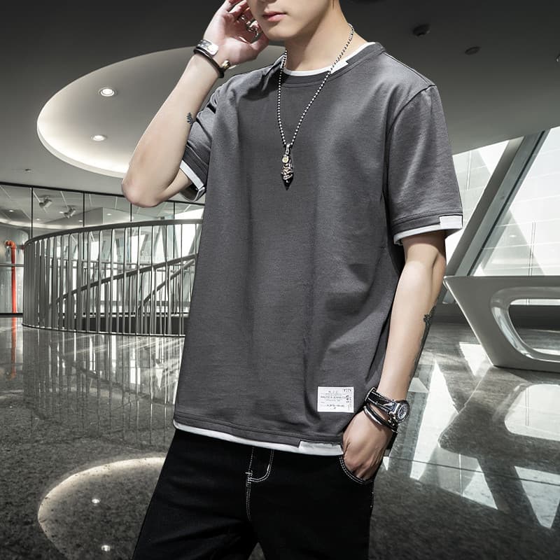 Falso de duas peças masculino puro algodão de manga curta camiseta 2026 verão novo estilo Street Wear ins na moda juvent