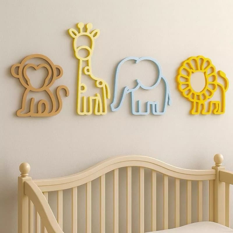 Kit 4 Esculturas de Parede Safari Baby - Decoração Quarto de Bebê