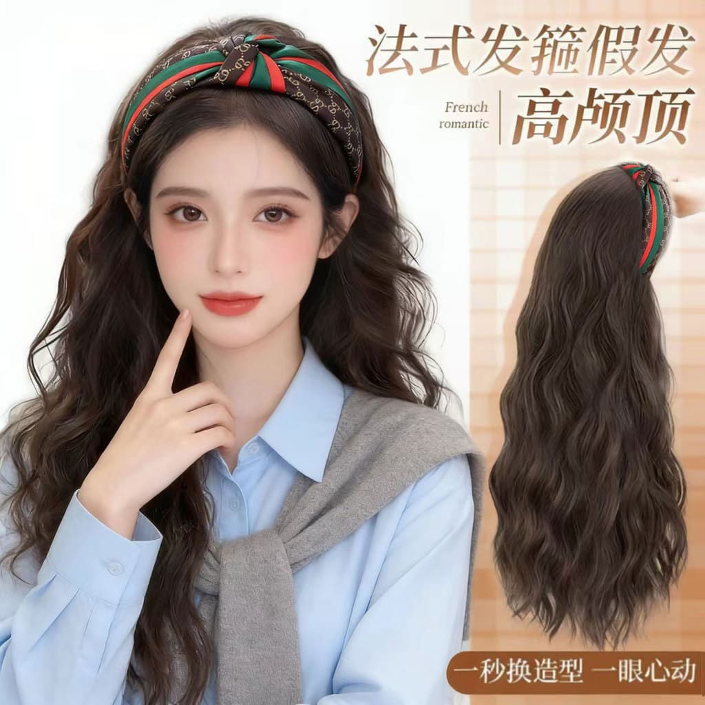 Faixa de cabelo peruca feminina francesa faixa de cabelo peruca longa ondulação de água peruca destacável faixa de cabel