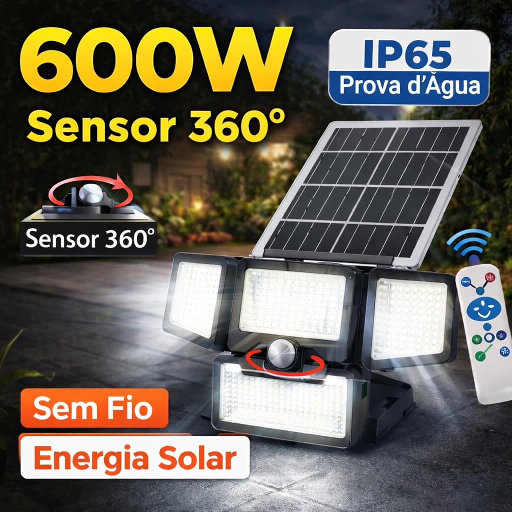 Refletor Solar LED 600W Com Sensor De Movimento 4 Faces 360 Graus Poste Jardim Paylow
