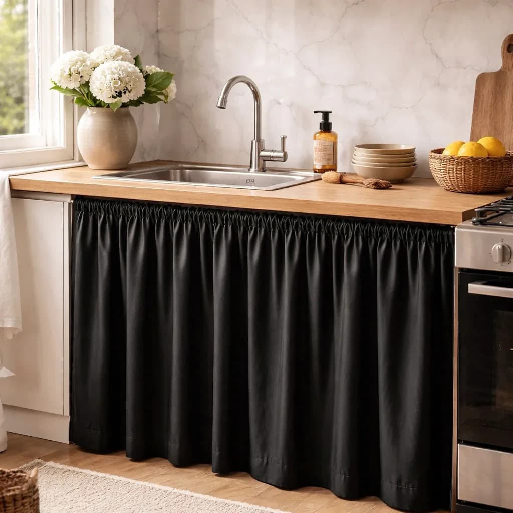 Cortina Para Pia Cozinha Pvc Preta 138cm X 80cm Organizador