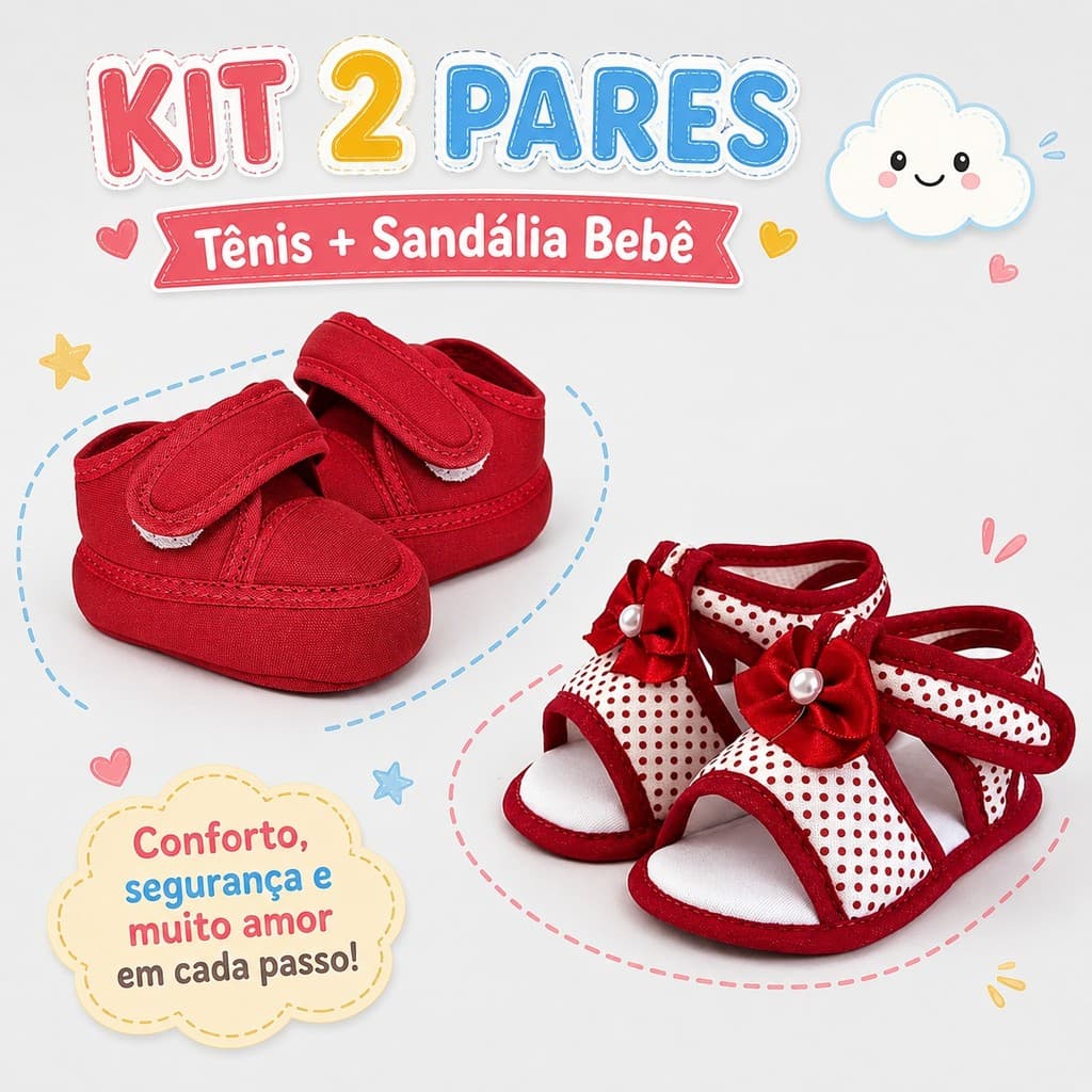 Kit 2 Pares Tênis e Sandália Bebê Infantil Tecido Molinho Vermelho Maternidade Menina Recém-Nascido