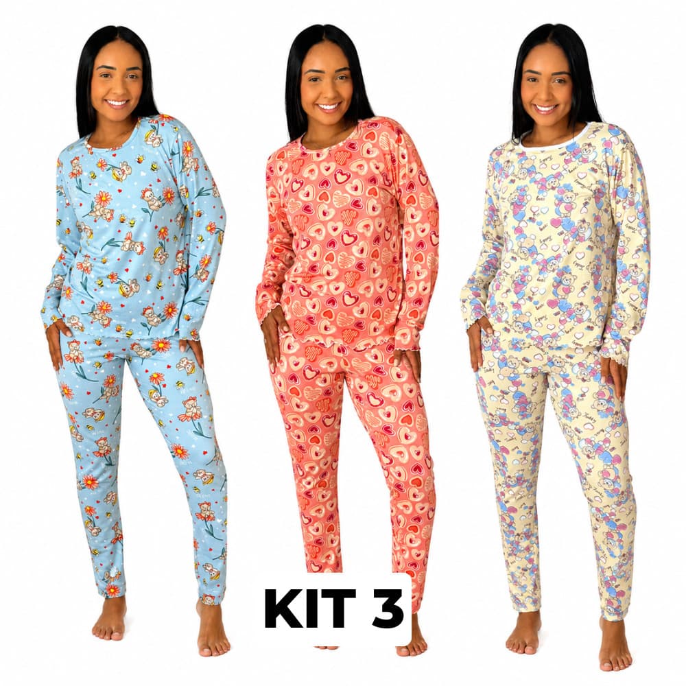 Kit 3 Pijama Conjunto Feminino de Frio Inverno Sublimado Personagens Blusa Manga Longa Calça Estampada