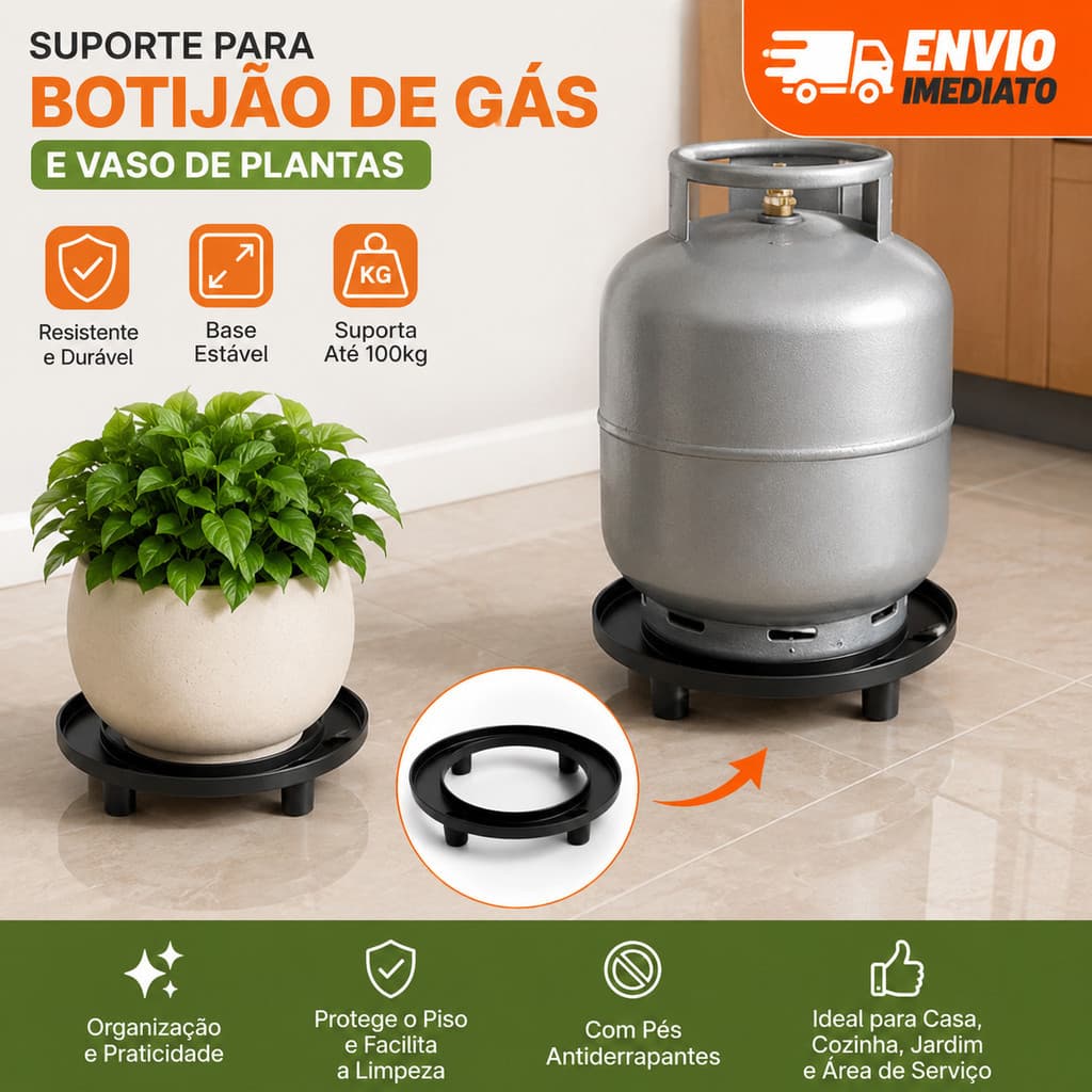 Suporte Para Botijão de Gás e Vasos de Plantas Com pezinhos Preto Premium Injeplastec