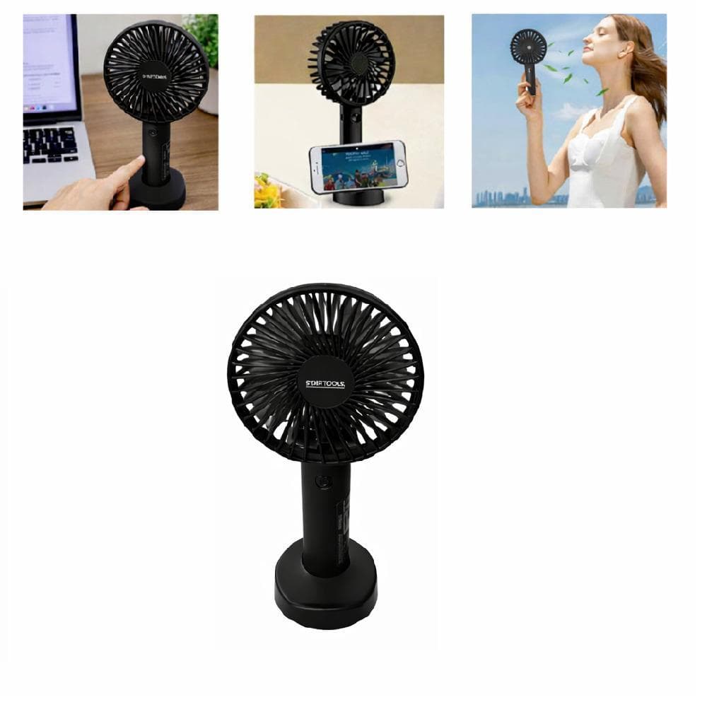 MINI VENTILADOR USB MAO RECARREGAVEL PRETO PORTATIL COM SUPORTE BASE CELULAR 3 VELOCIDADE 5V CLIMATIZADOR