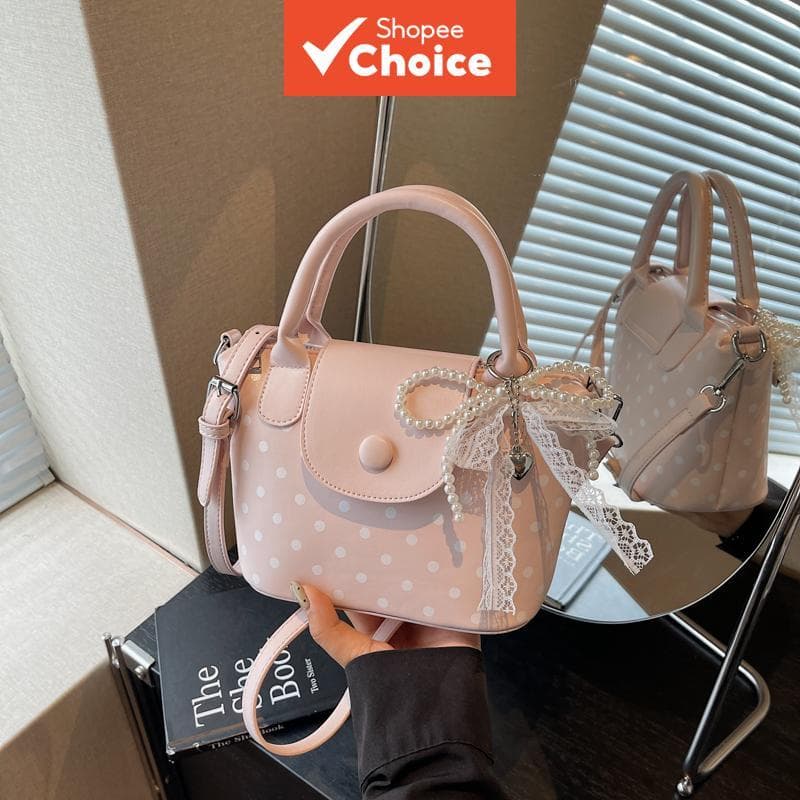 Bolsa Tote Mini Rosa Claro & Branca com Estampa de Bolinhas | Com Pingente de Laço de Renda | Bolsa Tiracolo Feminina