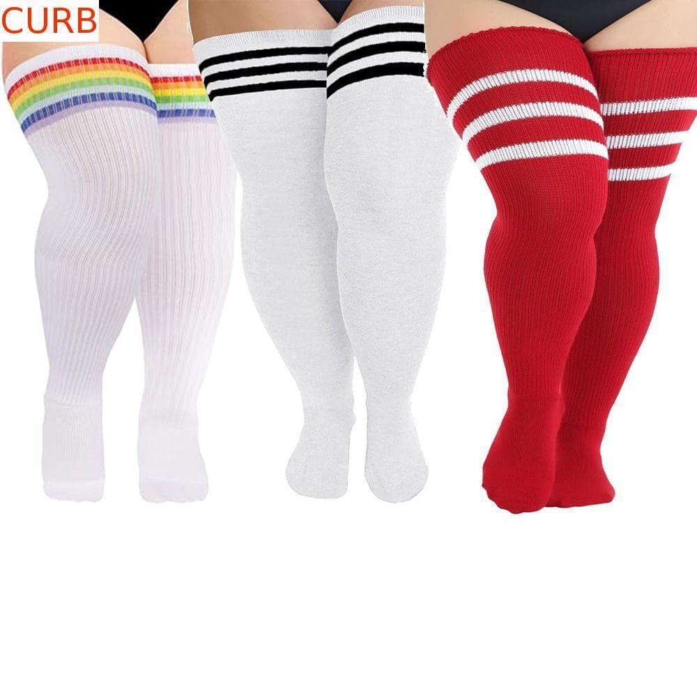 Meias Altas Da Coxa CURB , Extra Longas Plus Size Acima Do Joelho , Bota Elástica Listrada De Malha Para Aquecer As Pern