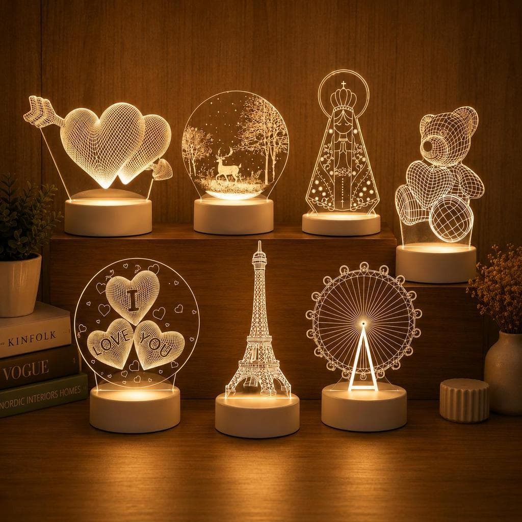 LUMINÁRIA DE MESA USB LED BRANCO QUENTE SANTINHA CORAÇÃO NATUREZA RODA GIGANTE TORRE EIFFEL