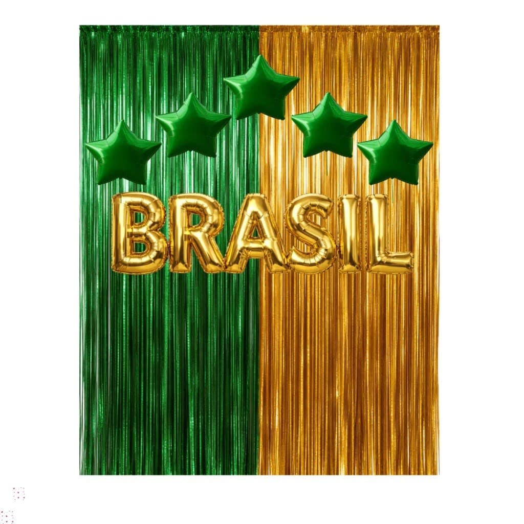Kit Decoração Copa do Brasil, c/ cortinas, Palavra Brasil, Balões estrela e bola,Bate Bate Torcedor  comemorações, festa
