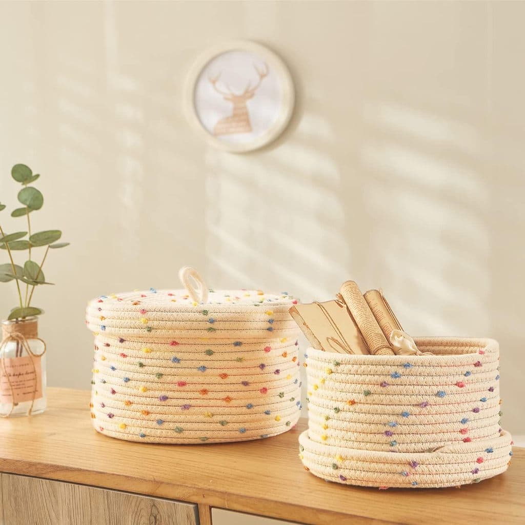 Cesta de armazenamento de pontos coloridos, mesa tecida com tampa, lanche, brinquedos, cesta de armazenamento de artigos