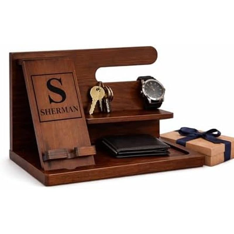 Bandeja de mesa noturna personalizada para o marido do seu pai, suporte gravável para telefone e carteira, organizador d