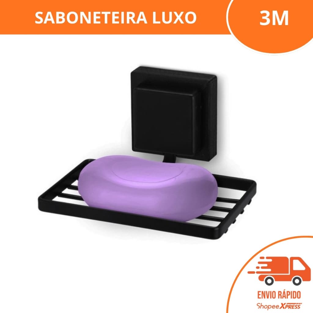 Saboneteira Banheiro Porta Sabonete Suporte Parede Fita Dupla Face 3M Preto Fixação Sem furo Arthi