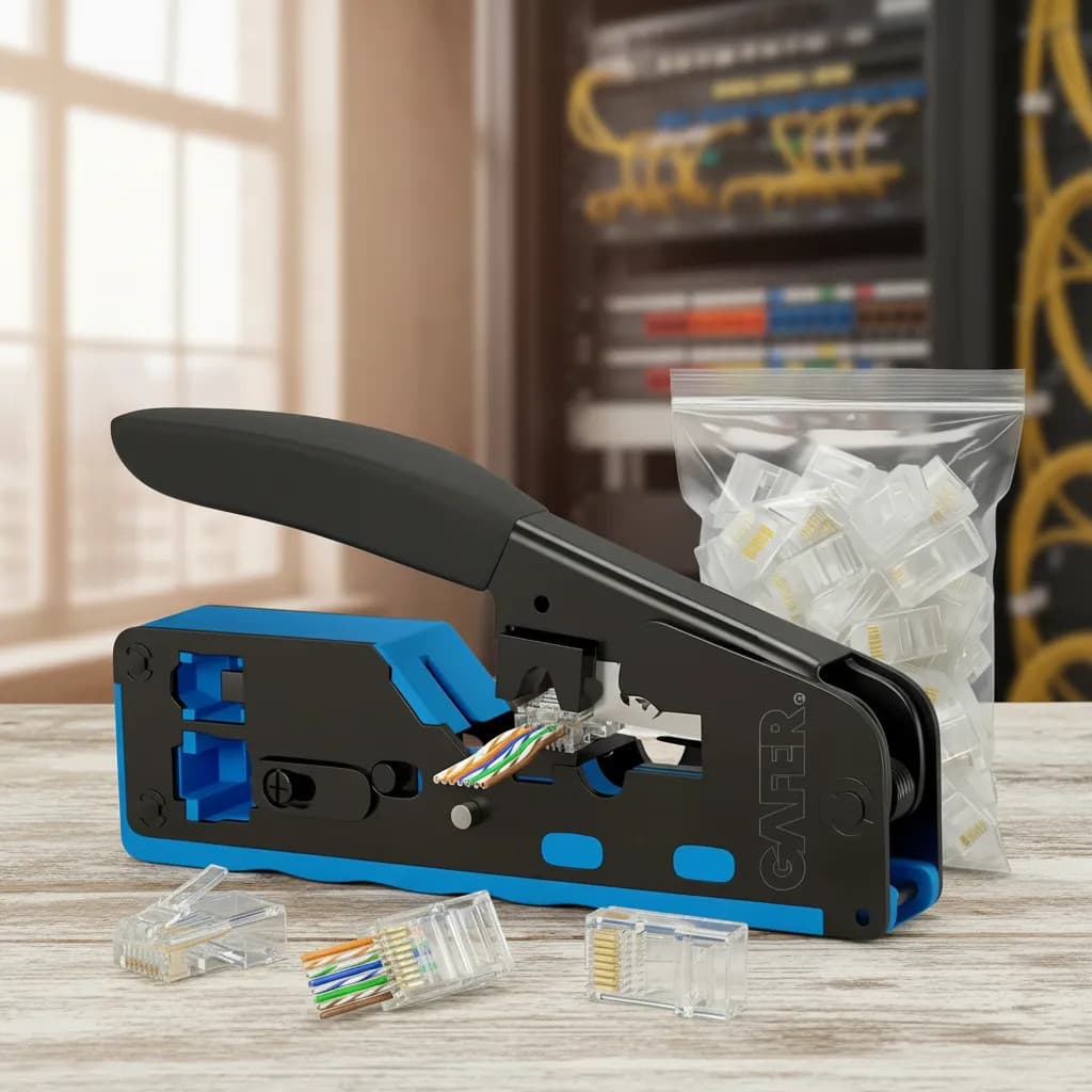 Kit Completo Alicate Crimpagem Rj45 Vazado Cat5e/6/7 Rede Profissional para Cabo Estruturado + 100 Conectores