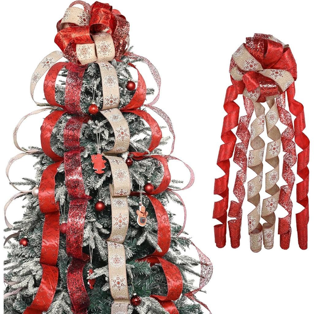 Laço de serapilheira vermelho para topo de árvore, 11 polegadas com 6 fitas de 3 jardas para decoração de festas de aniv