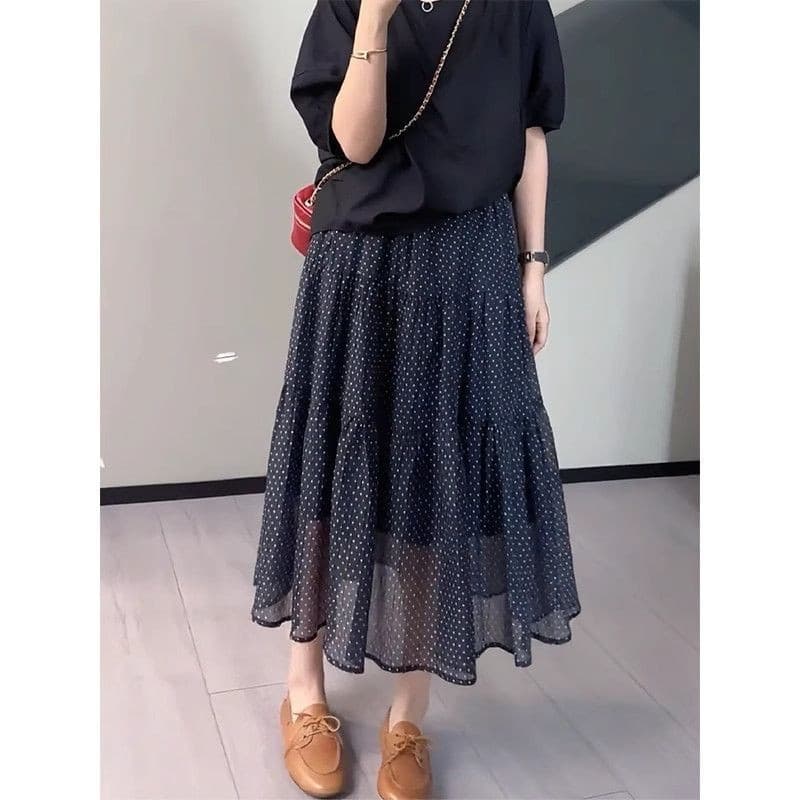 Luz estilo maduro francês Polka Dot fino saia de comprimento médio feminino 2025 verão novo estilo cintura alta solta Ca