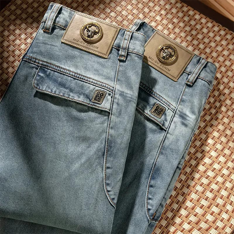 Mugu MU-GU Super Soft Lyocell Tencel Estilo Fino Moda Retro Stretch Jeans Reto Verão Azul Onda Azul [Cloud Drape]