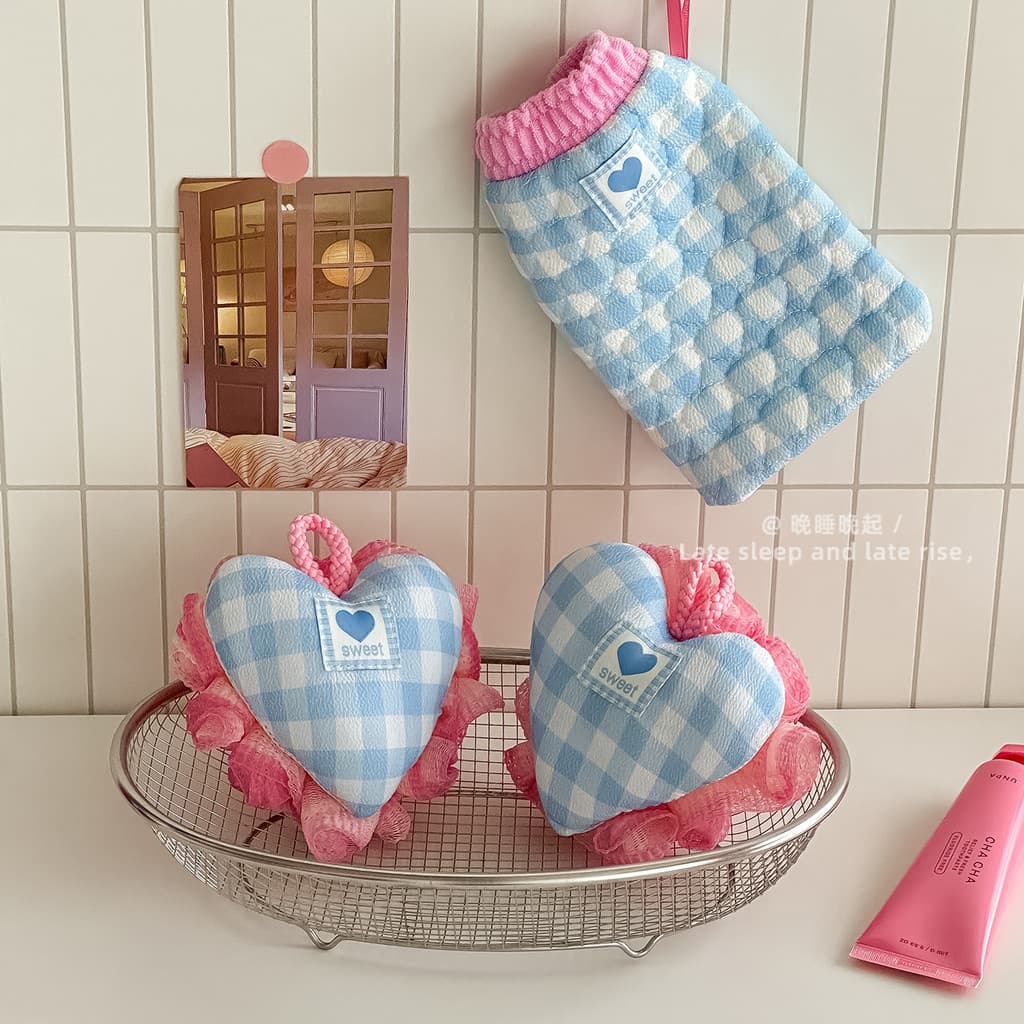 Ins amor azul branco grade amor bola de banho espuma não é fácil de espalhar toalha de banho tira longa puxar para trás