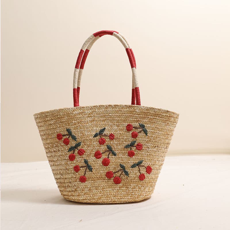 bolsa transversal feminino bolsa feminina Nicho bordado cereja saco de palha de um ombro novo estilo moda grande capacid