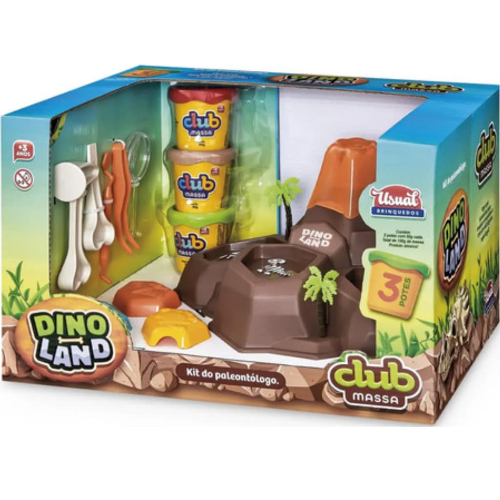 Massinha de Modelar Dino Land Vulcão Club Massa Usual 3 Potes 8 Acessórios Infantil Criança