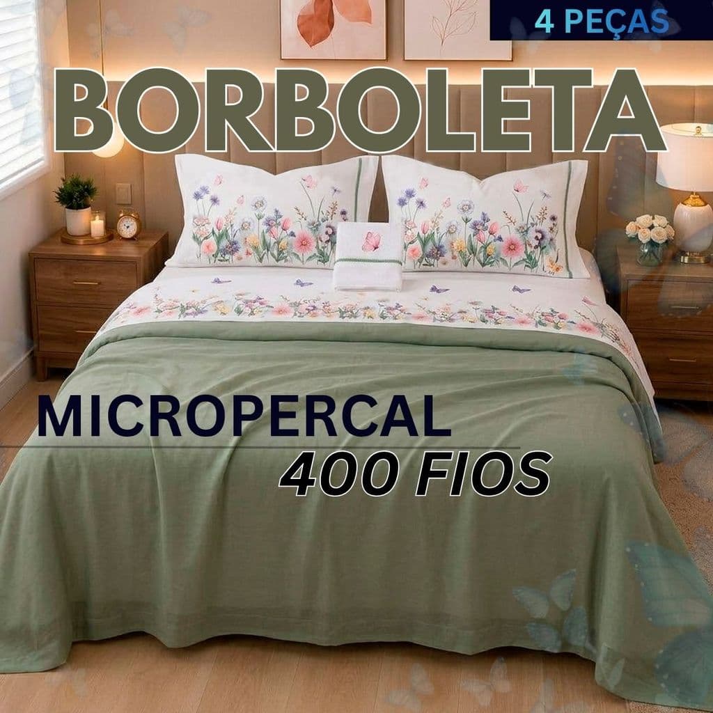 Kit Jogo de Lençol 4 Peças – Micropercal 400 Fios com Ponto Palito / Estampa Borboletas – Novo Produto