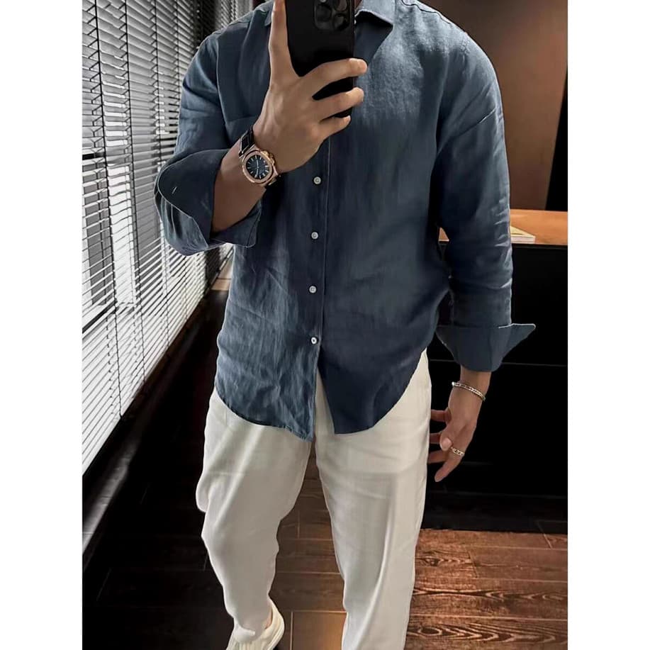 Camisa masculina de linho respirável estilo dinheiro antigo, solta, manga comprida, protetor solar, cardigã Casual, roup