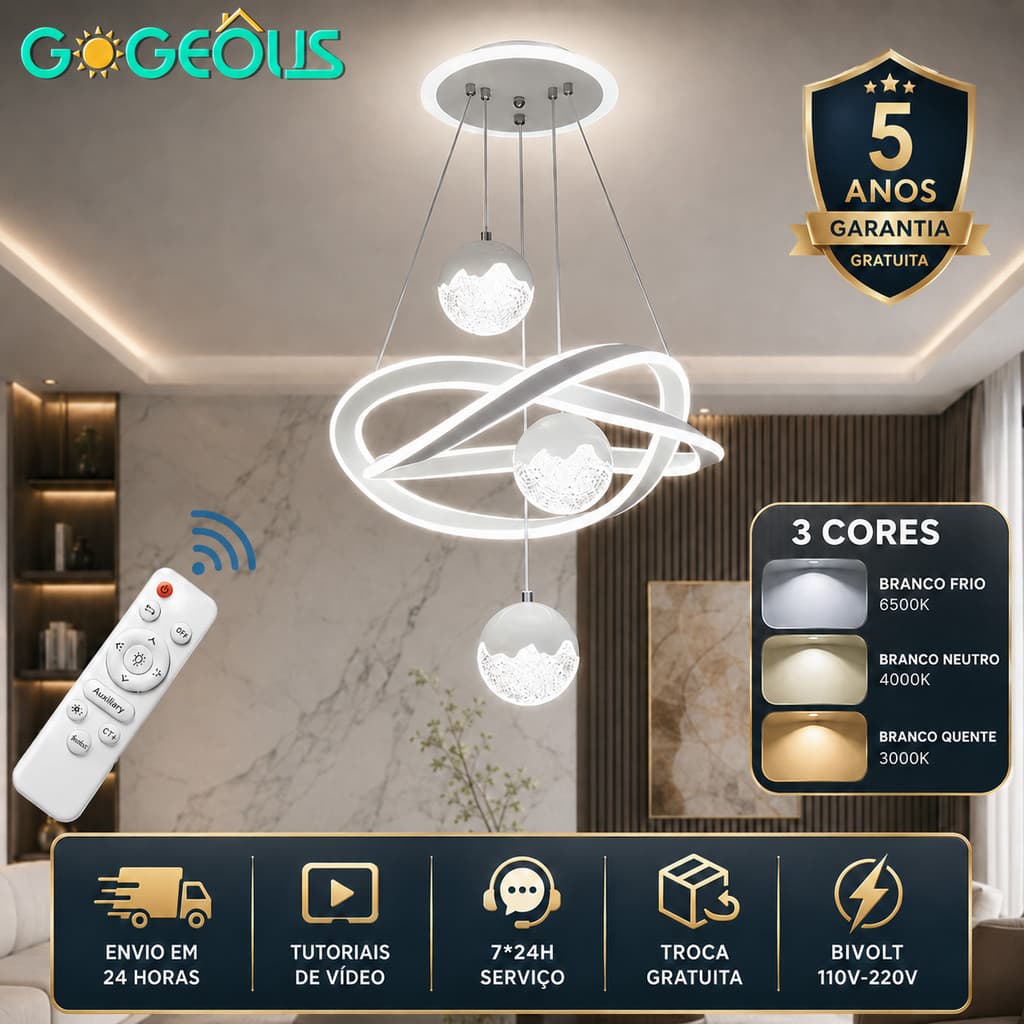 Lustre Pendente LED Luxo Acrílico Bivolt 3 Cores Controle Altura Ajustável Sala Quarto