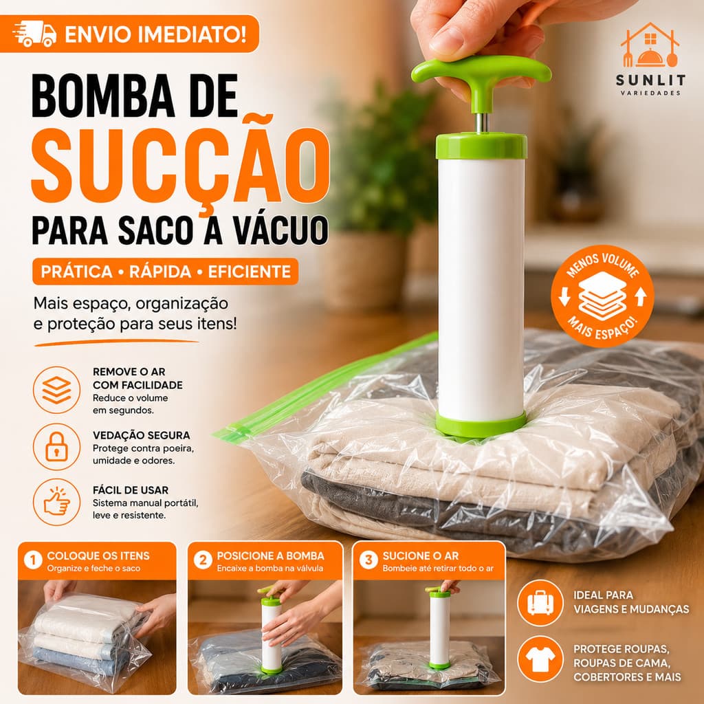 Bomba de Sucção para Saco a Vácuo – Compacta, Prática e Essencial para Organização e Armazenar C